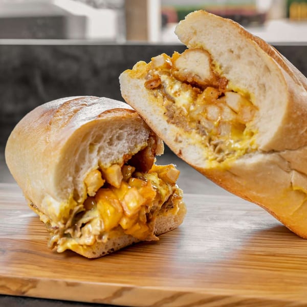 Two halves of a loaded cheesesteak sandwich with fries and chicken on a wooden board.