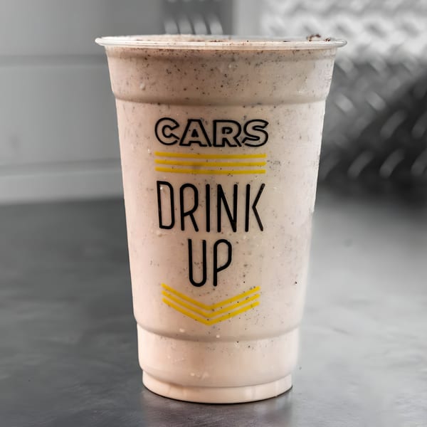 A CARS Eatery cookies and cream milkshake in a clear plastic cup with "DRINK UP" text.