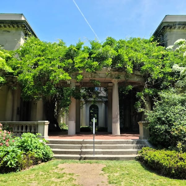 Grand stone entrance with columns and steps, covered in lush green vines under a clear blue sky.