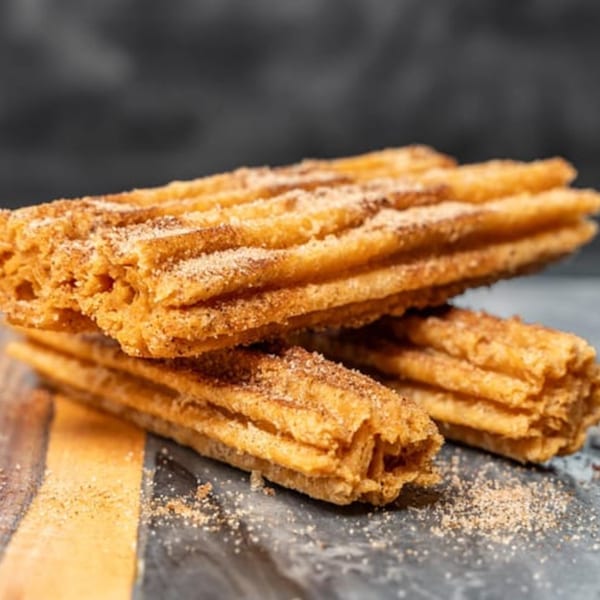 Golden-brown churros, sprinkled with cinnamon sugar, stacked on a dark and light striped surface.