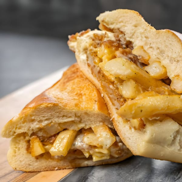A close-up of a CARS Eatery fast-food sandwich, cut in half, revealing fries and sauce inside.