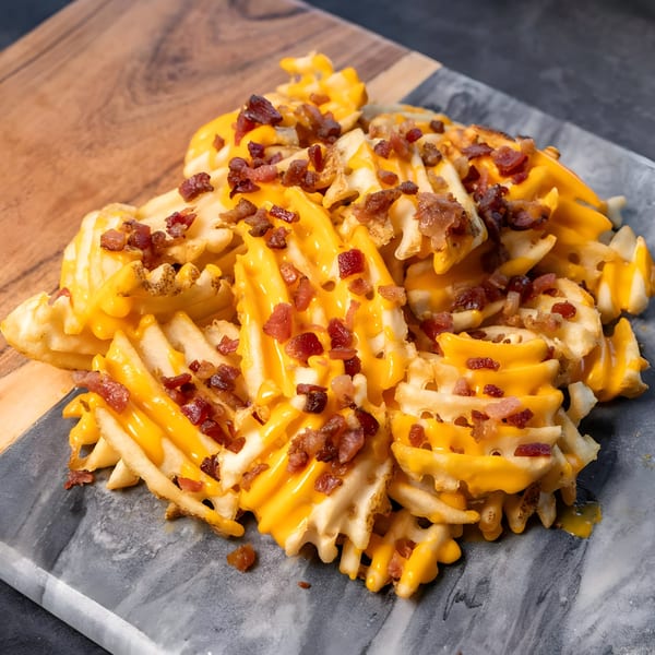 CARS Eatery's waffle fries covered in melted cheese and crispy bacon bits on a marble and wood surface.