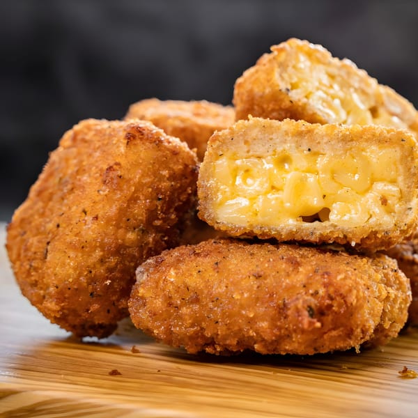 Golden-brown, crispy fried mac and cheese bites, one cut open to show the creamy interior.