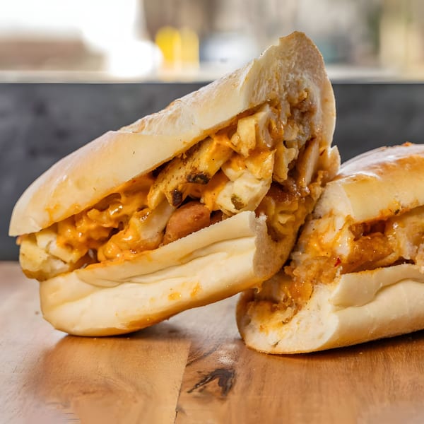 Two halves of a CARS Eatery cheesesteak sandwich, filled with meat, fries, and cheese sauce.