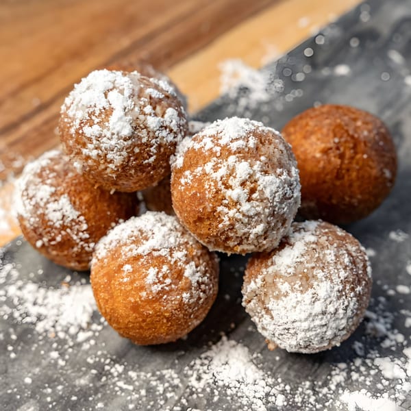 Golden-brown donut holes, generously dusted with powdered sugar, on a dark surface at CARS Eatery.