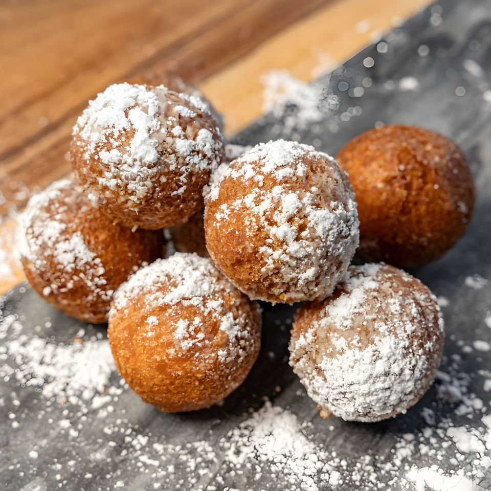 Golden-brown donut holes, generously dusted with powdered sugar, on a dark surface at CARS Eatery.