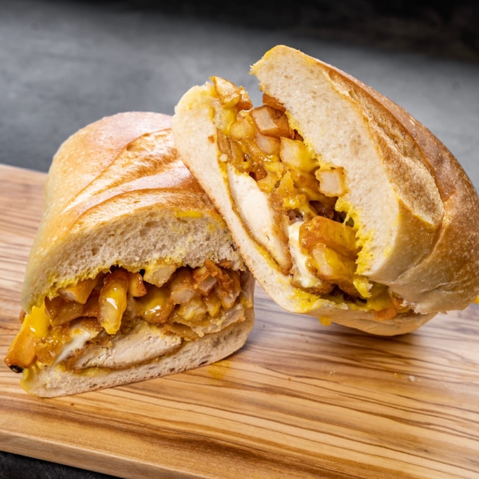 A chicken and fries sandwich, cut in half, on a wooden board.