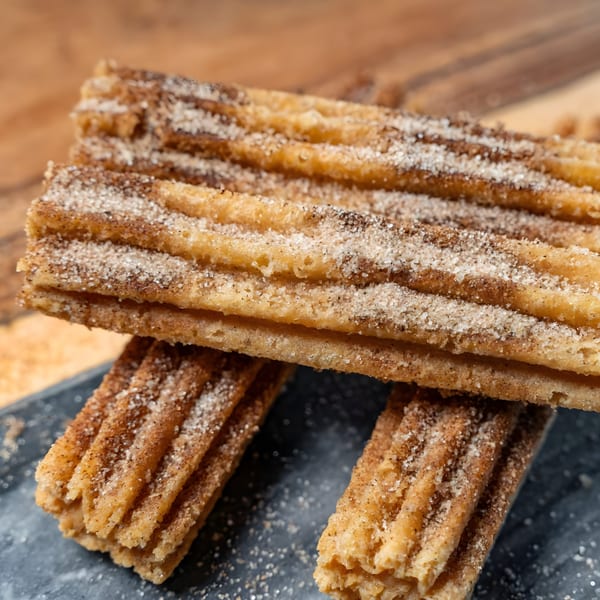Close-up of golden-brown churros, dusted with cinnamon sugar, stacked on a dark surface.
