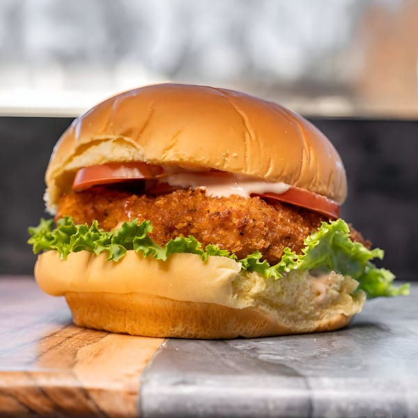A crispy chicken sandwich from CARS Eatery with lettuce, tomato, and sauce on a bun.