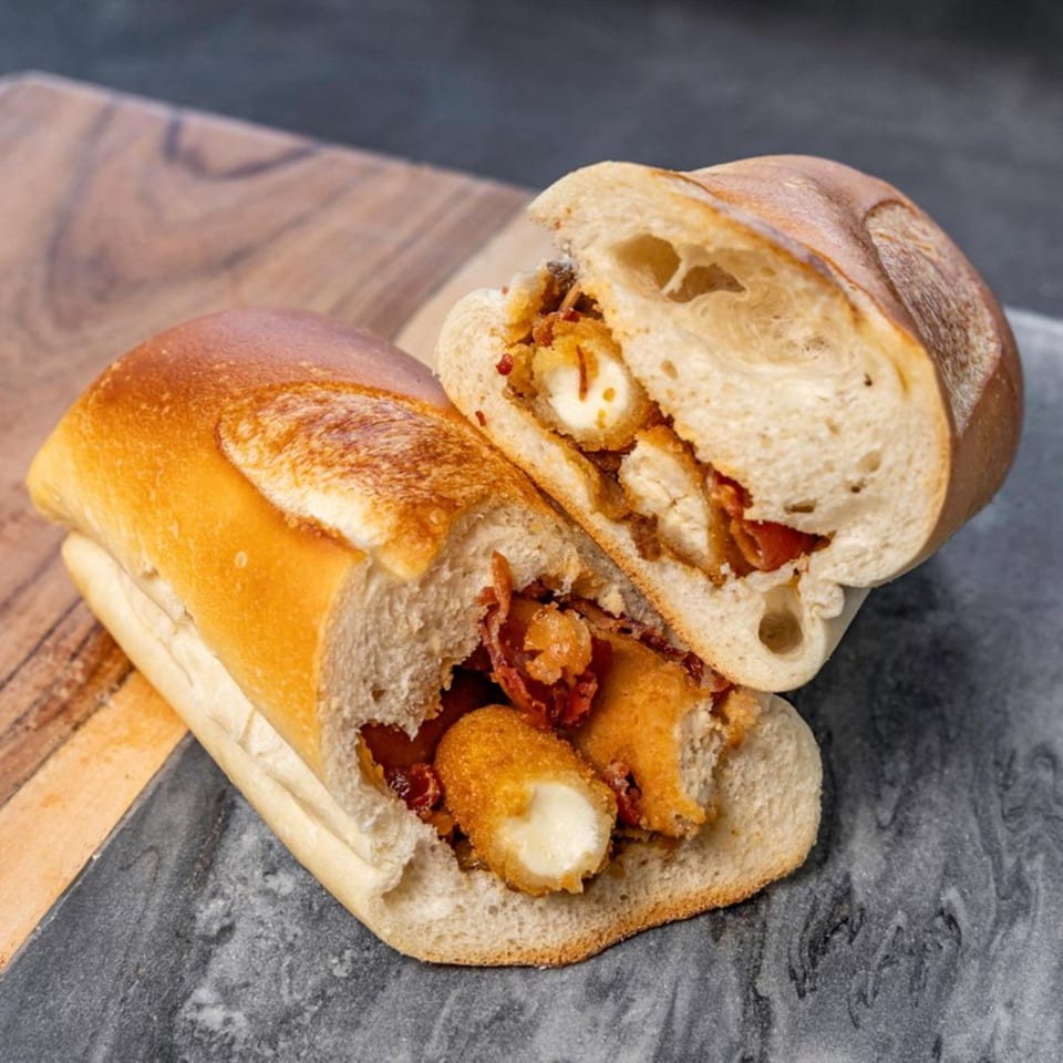 A CARS Eatery fast-food sandwich, cut in half, revealing fried mozzarella sticks and bacon.