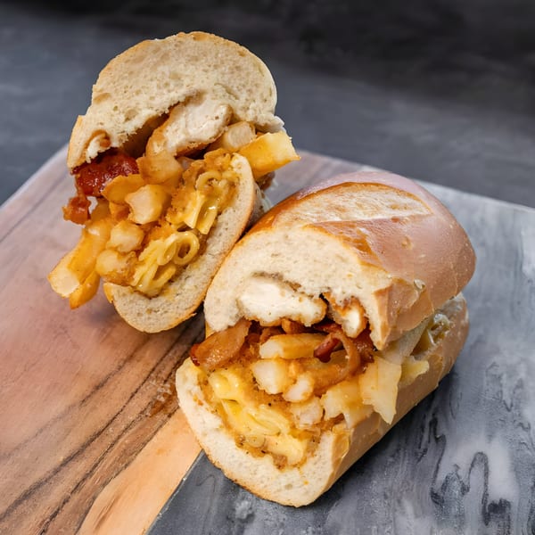 A CARS Eatery fast-food sandwich, cut in half, filled with fries, macaroni and cheese, and chicken.