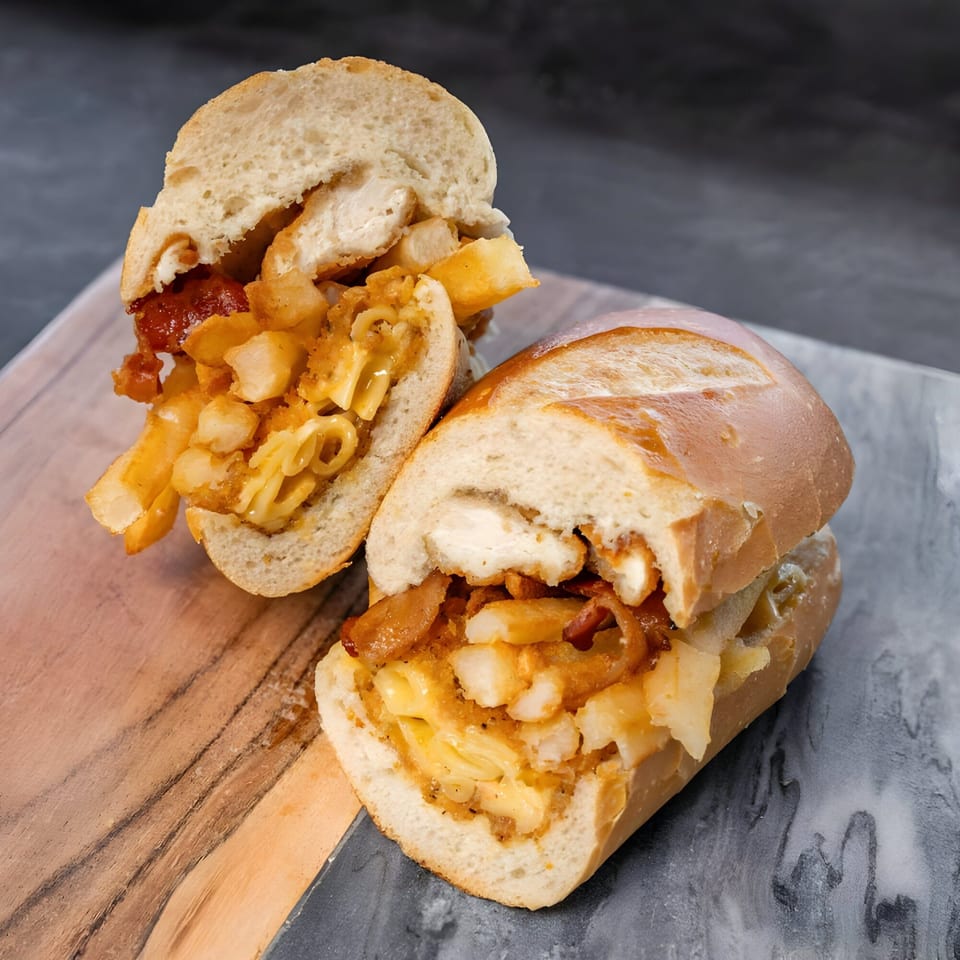 A CARS Eatery fast-food sandwich, cut in half, filled with fries, macaroni and cheese, and chicken.